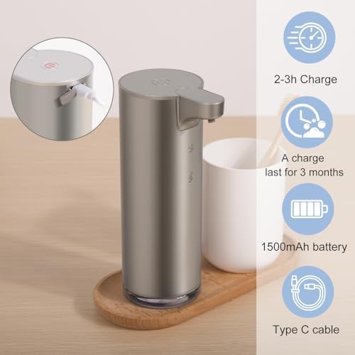 Automatic Foaming Soap Dispenser, Rechargeable Touchless Foam Hand Soap Dispenser for Bathroom, Stainless Steel Soap Pump for Kitchen, Water-Resistant, Xmas Gift 9oz - Image 5
