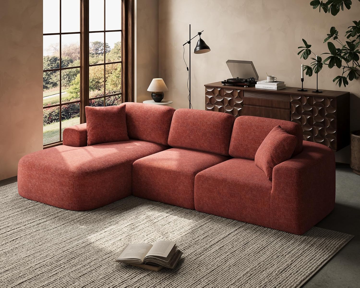 Dowinx 107'' Modular Sectional Sofa Couch with Chaise, No Assembly Required, Modern Woven-Textured Upholstery, Convertible L-Shaped Design for Living Room – Rust Brown