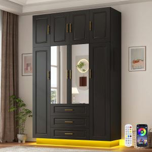Large Armoire Wardrobe Closet Cabinet with Drawers and LED Lights, Multi-Tier Shelves, Hanging Rod, Large Capacity Storage 4 Door Wardrobe Armoire with Top Cabinet for Bedroom, Black
