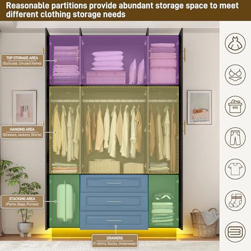 Large Armoire Wardrobe Closet Cabinet with Drawers and LED Lights, Multi-Tier Shelves, Hanging Rod, Large Capacity Storage 4 Door Wardrobe Armoire with Top Cabinet for Bedroom, Black - Image 4