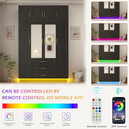 Large Armoire Wardrobe Closet Cabinet with Drawers and LED Lights, Multi-Tier Shelves, Hanging Rod, Large Capacity Storage 4 Door Wardrobe Armoire with Top Cabinet for Bedroom, Black - Image 5