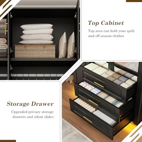 Large Armoire Wardrobe Closet Cabinet with Drawers and LED Lights, Multi-Tier Shelves, Hanging Rod, Large Capacity Storage 4 Door Wardrobe Armoire with Top Cabinet for Bedroom, Black - Image 6
