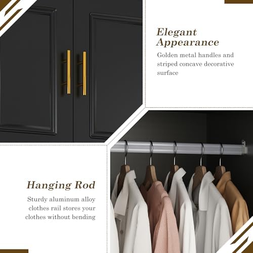 Large Armoire Wardrobe Closet Cabinet with Drawers and LED Lights, Multi-Tier Shelves, Hanging Rod, Large Capacity Storage 4 Door Wardrobe Armoire with Top Cabinet for Bedroom, Black - Image 7