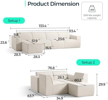 LINSY HOME Modular Sectional Sofa, 134" Boneless Couch L Shaped 4-Seat Sofa with Movable Ottoman, Corduroy Sectional Cloud Couches for Living Room, No Assembly Required, Beige - Image 3
