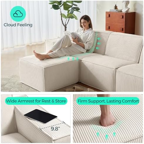 LINSY HOME Modular Sectional Sofa, 134" Boneless Couch L Shaped 4-Seat Sofa with Movable Ottoman, Corduroy Sectional Cloud Couches for Living Room, No Assembly Required, Beige - Image 4