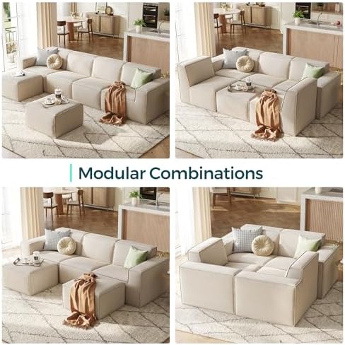 LINSY HOME Modular Sectional Sofa, 134" Boneless Couch L Shaped 4-Seat Sofa with Movable Ottoman, Corduroy Sectional Cloud Couches for Living Room, No Assembly Required, Beige - Image 7