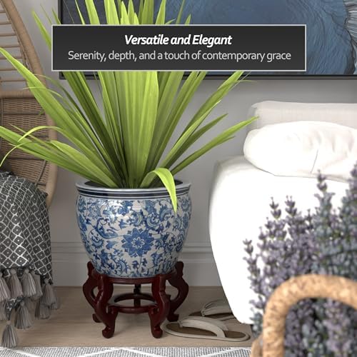 Red Lantern 14" Floral Blue & White Porcelain Fishbowl Planter or Cachepot for Indoor/Outdoor Use in Garden Entryway Living Room Boho Eclectic Modern Contemporary Classic Traditional Style Decor - Image 4