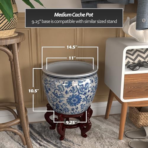 Red Lantern 14" Floral Blue & White Porcelain Fishbowl Planter or Cachepot for Indoor/Outdoor Use in Garden Entryway Living Room Boho Eclectic Modern Contemporary Classic Traditional Style Decor - Image 5