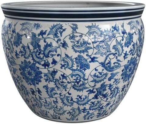 Red Lantern 14" Floral Blue & White Porcelain Fishbowl Planter or Cachepot for Indoor/Outdoor Use in Garden Entryway Living Room Boho Eclectic Modern Contemporary Classic Traditional Style Decor - Image 7