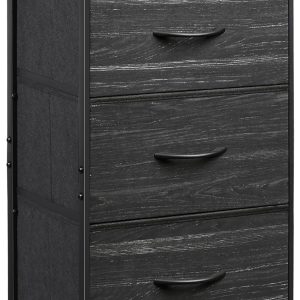 WLIVE Nightstand with 3 Drawers, Fabric Dresser, Organizer Unit, Storage Dresser for Bedroom, Hallway, Entryway, Closets, Steel Frame, Wood Top, Easy Pull Handle, Charcoal Black Wood Grain Print