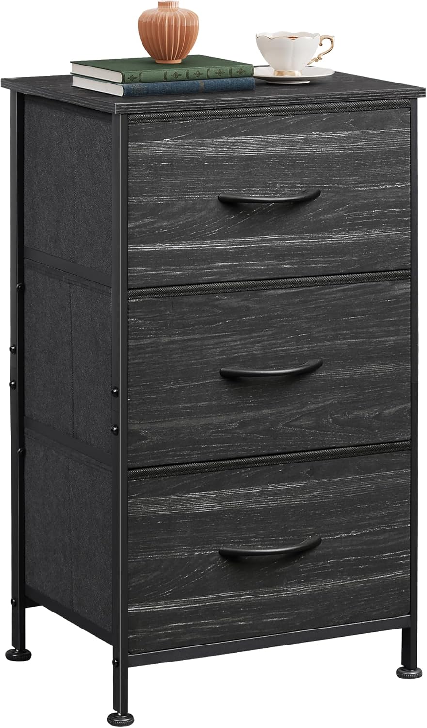 WLIVE Nightstand with 3 Drawers, Fabric Dresser, Organizer Unit, Storage Dresser for Bedroom, Hallway, Entryway, Closets, Steel Frame, Wood Top, Easy Pull Handle, Charcoal Black Wood Grain Print