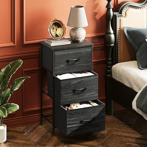 WLIVE Nightstand with 3 Drawers, Fabric Dresser, Organizer Unit, Storage Dresser for Bedroom, Hallway, Entryway, Closets, Steel Frame, Wood Top, Easy Pull Handle, Charcoal Black Wood Grain Print - Image 3