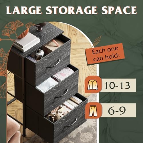 WLIVE Nightstand with 3 Drawers, Fabric Dresser, Organizer Unit, Storage Dresser for Bedroom, Hallway, Entryway, Closets, Steel Frame, Wood Top, Easy Pull Handle, Charcoal Black Wood Grain Print - Image 6