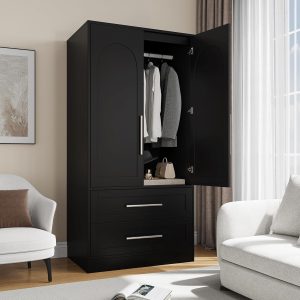 Wooden Armoire Wardrobe Closet with 2 Doors and 2 Drawers,Freestanding Armoire Storage Cabinet with Shelves,Tall Clothing Storage Cabinet Suitable for Bedroom,Black