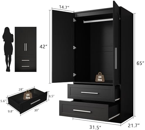 Wooden Armoire Wardrobe Closet with 2 Doors and 2 Drawers,Freestanding Armoire Storage Cabinet with Shelves,Tall Clothing Storage Cabinet Suitable for Bedroom,Black - Image 3